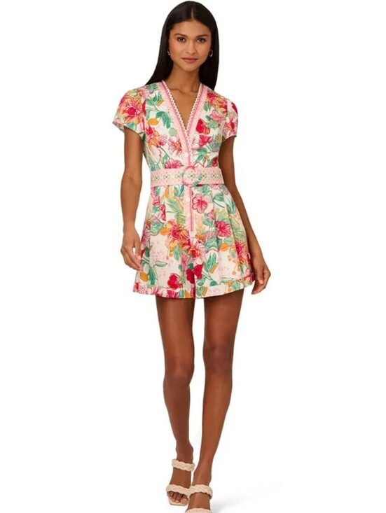Adrianna Papell Pants - Adrianna Papell Women Floral Printed Romper Sz 10 Pink Green Lace Trim Belted